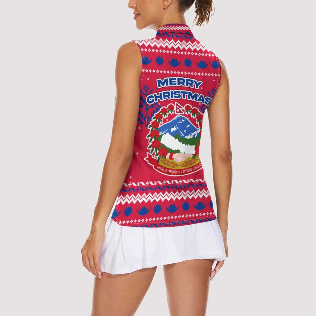 Nepal Christmas Women Sleeveless Polo Shirt with Red-Blue Design, National Emblem, and Snowflake Motif - Wonder Print Shop