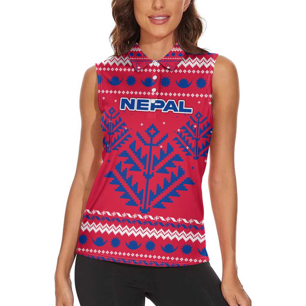 Nepal Christmas Women Sleeveless Polo Shirt with Red-Blue Design, National Emblem, and Snowflake Motif - Wonder Print Shop