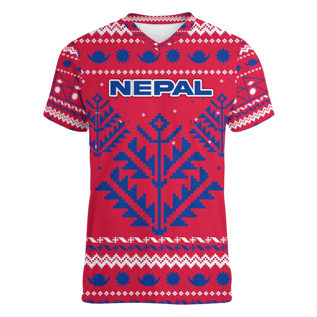 Nepal Christmas Women V-Neck T-Shirt with Red-Blue Design, National Emblem, and Snowflake Motif - Wonder Print Shop