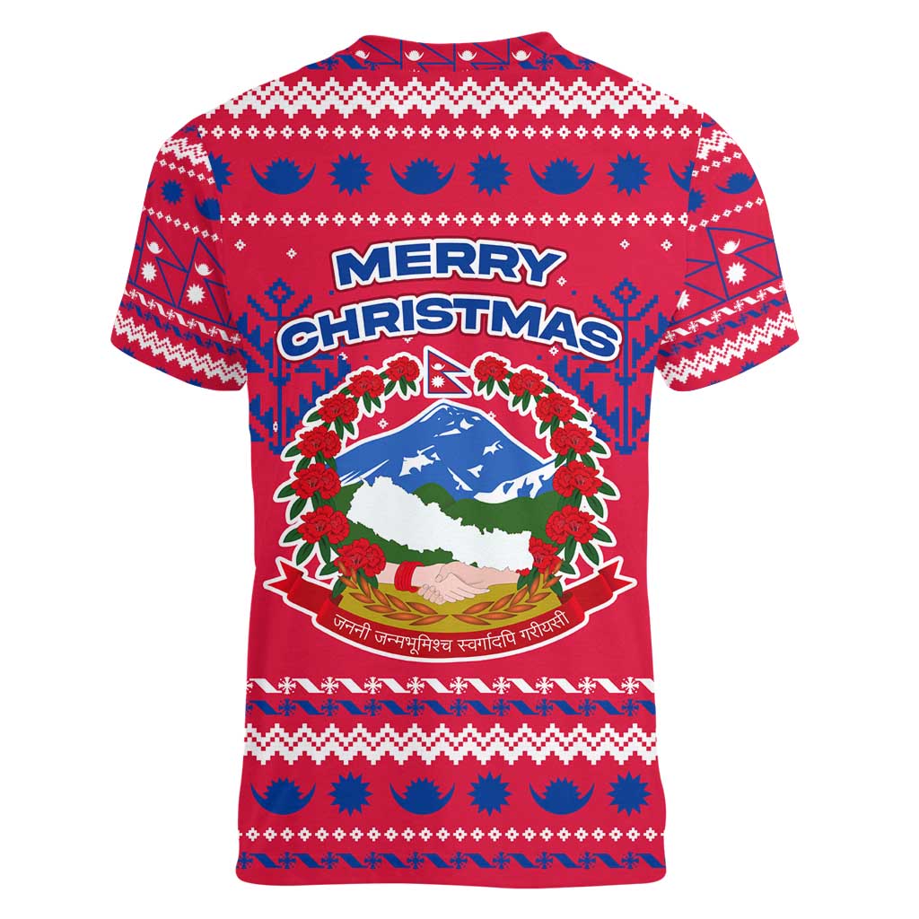 Nepal Christmas Women V-Neck T-Shirt with Red-Blue Design, National Emblem, and Snowflake Motif - Wonder Print Shop