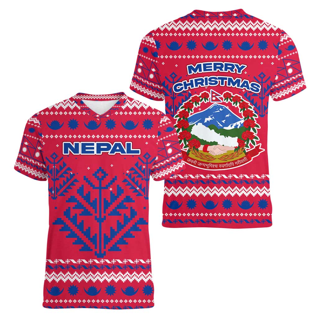 Nepal Christmas Women V-Neck T-Shirt with Red-Blue Design, National Emblem, and Snowflake Motif - Wonder Print Shop