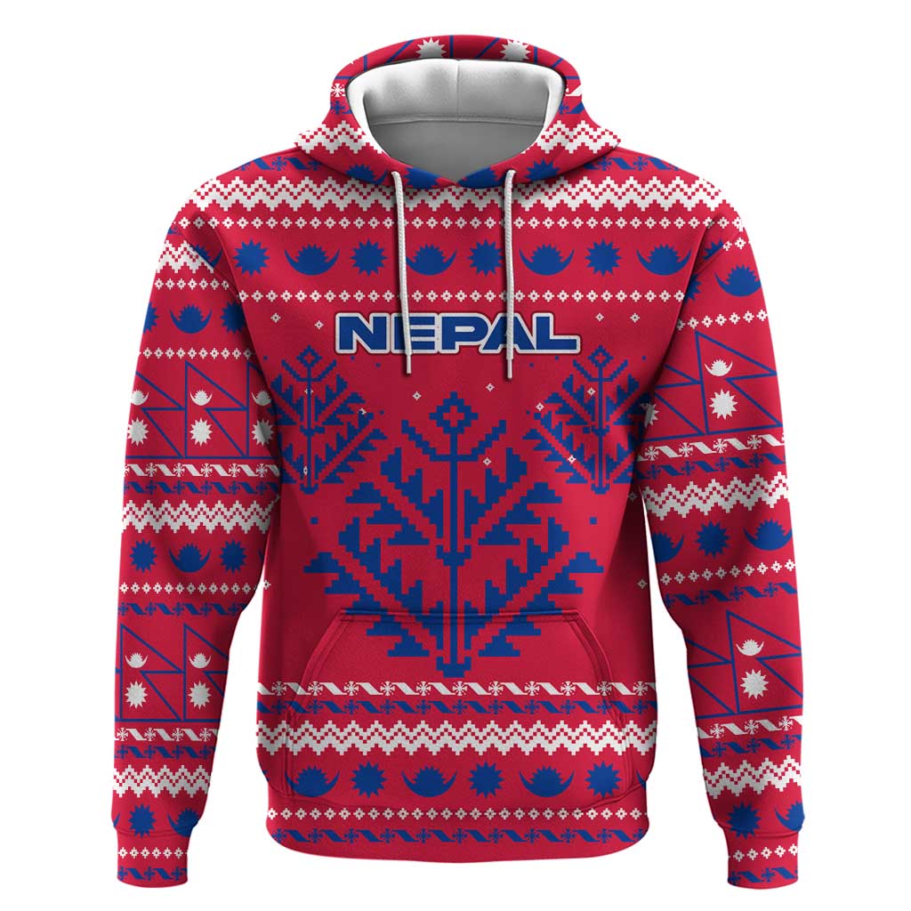 Nepal Christmas Zip Hoodie with Red-Blue Design, National Emblem, and Snowflake Motif - Wonder Print Shop