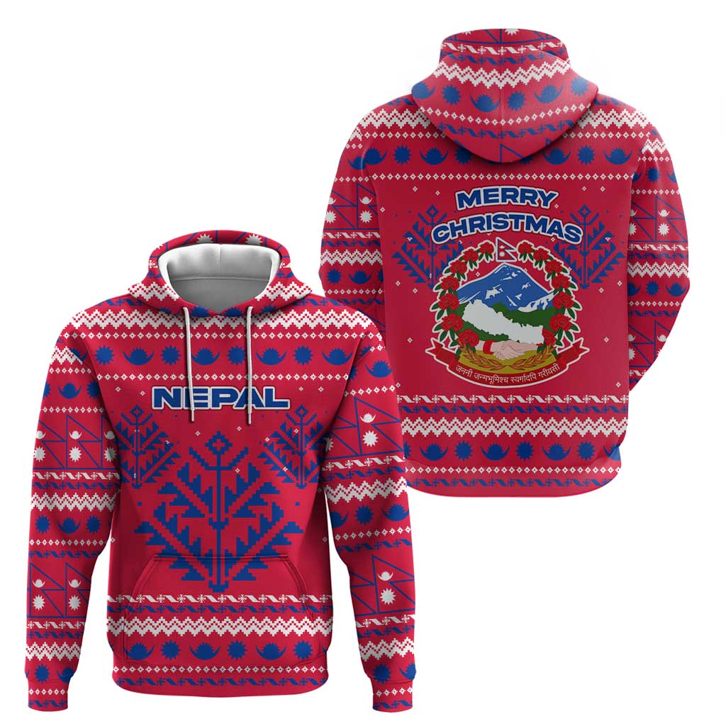 Nepal Christmas Zip Hoodie with Red-Blue Design, National Emblem, and Snowflake Motif - Wonder Print Shop