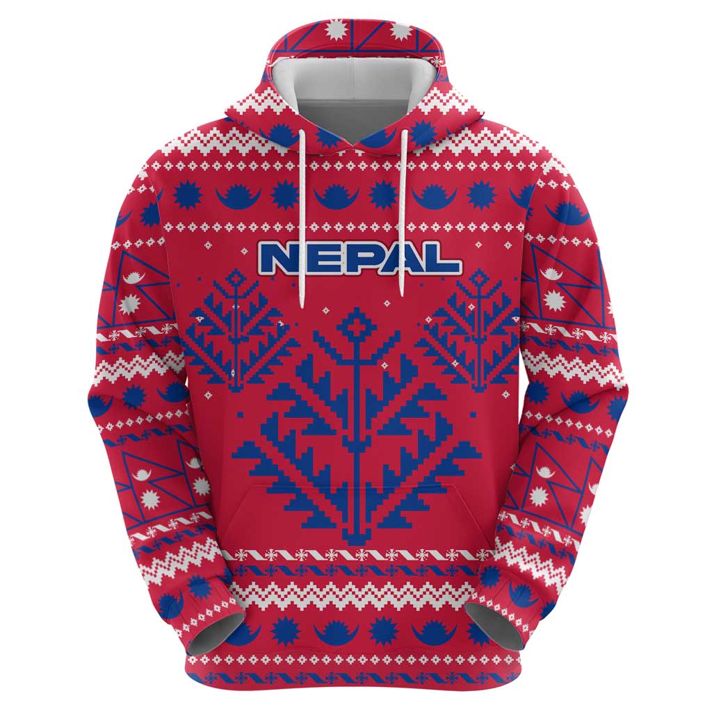 Nepal Christmas Zip Hoodie with Red-Blue Design, National Emblem, and Snowflake Motif - Wonder Print Shop