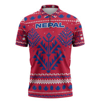 Nepal Christmas Zipper Polo Shirt with Red-Blue Design, National Emblem, and Snowflake Motif - Wonder Print Shop