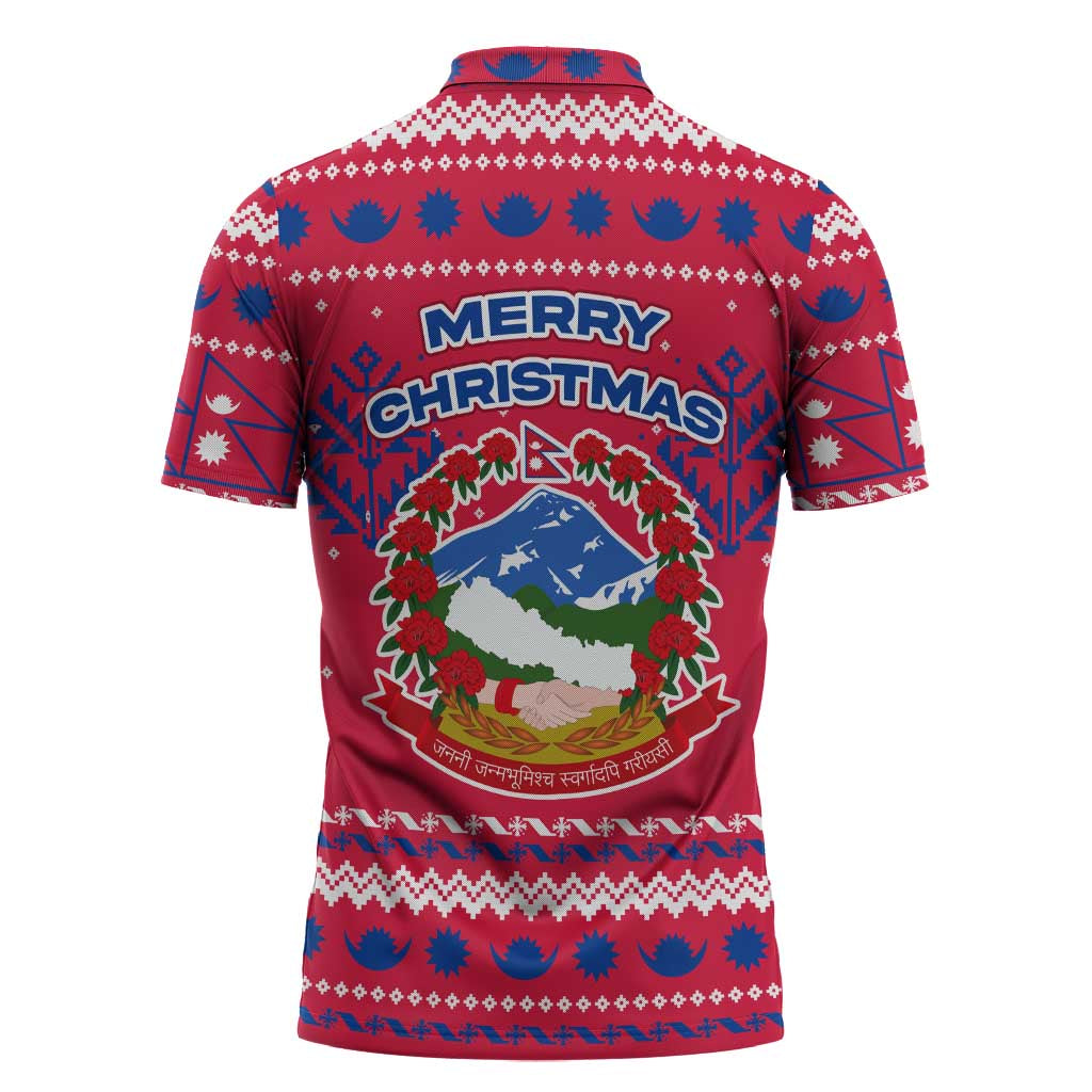 Nepal Christmas Zipper Polo Shirt with Red-Blue Design, National Emblem, and Snowflake Motif - Wonder Print Shop
