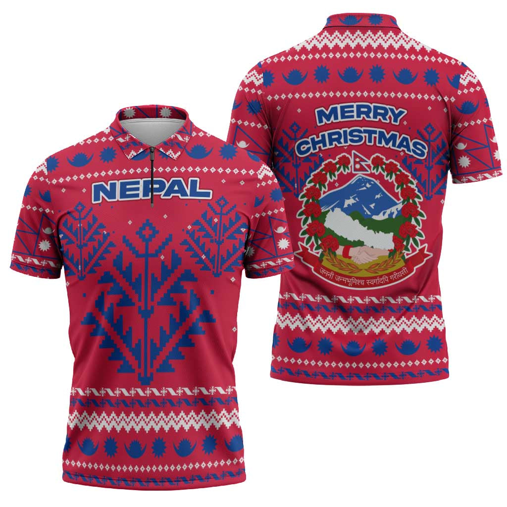 Nepal Christmas Zipper Polo Shirt with Red-Blue Design, National Emblem, and Snowflake Motif - Wonder Print Shop