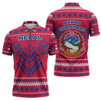 Nepal Christmas Zipper Polo Shirt with Red-Blue Design, National Emblem, and Snowflake Motif - Wonder Print Shop
