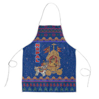 Nepal Christmas Apron with Blue-Red Pattern, Hindu Chariot Scene, and Om Symbol Motif - Wonder Print Shop