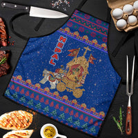 Nepal Christmas Apron with Blue-Red Pattern, Hindu Chariot Scene, and Om Symbol Motif - Wonder Print Shop