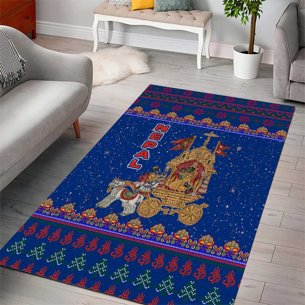 Nepal Christmas Area Rug with Blue-Red Pattern, Hindu Chariot Scene, and Om Symbol Motif - Wonder Print Shop