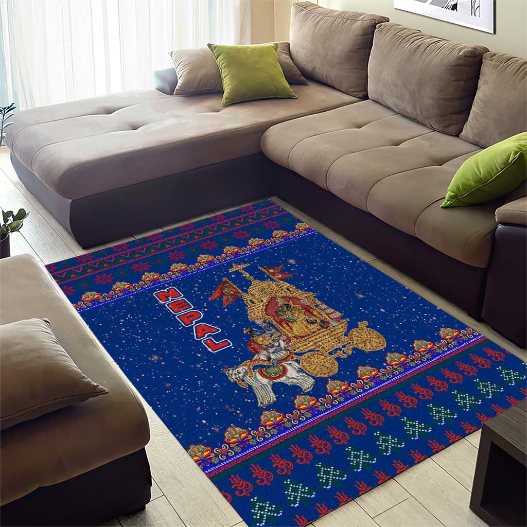 Nepal Christmas Area Rug with Blue-Red Pattern, Hindu Chariot Scene, and Om Symbol Motif - Wonder Print Shop