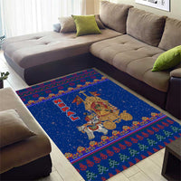 Nepal Christmas Area Rug with Blue-Red Pattern, Hindu Chariot Scene, and Om Symbol Motif - Wonder Print Shop