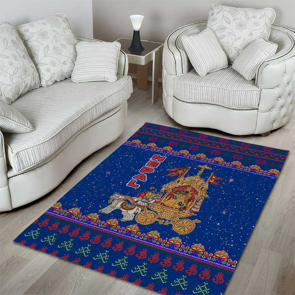 Nepal Christmas Area Rug with Blue-Red Pattern, Hindu Chariot Scene, and Om Symbol Motif - Wonder Print Shop