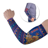 Nepal Christmas Arm Sleeves with Blue-Red Pattern, Hindu Chariot Scene, and Om Symbol Motif - Wonder Print Shop