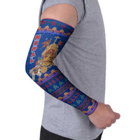 Nepal Christmas Arm Sleeves with Blue-Red Pattern, Hindu Chariot Scene, and Om Symbol Motif - Wonder Print Shop