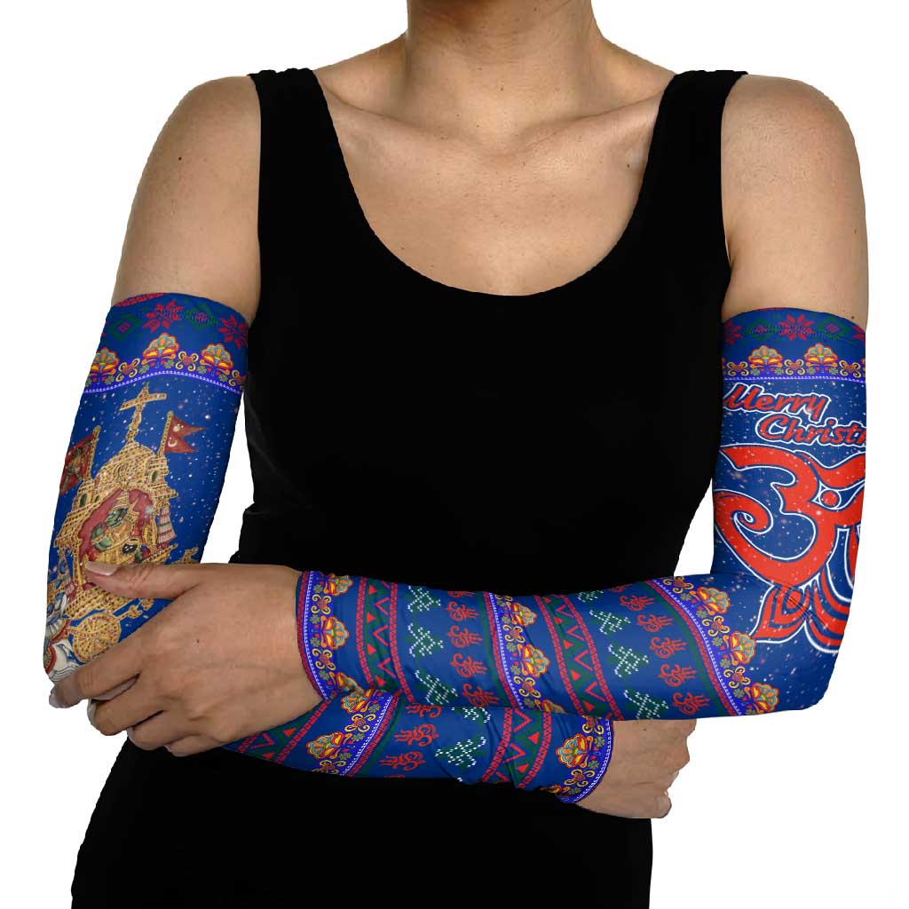 Nepal Christmas Arm Sleeves with Blue-Red Pattern, Hindu Chariot Scene, and Om Symbol Motif - Wonder Print Shop
