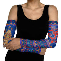 Nepal Christmas Arm Sleeves with Blue-Red Pattern, Hindu Chariot Scene, and Om Symbol Motif - Wonder Print Shop