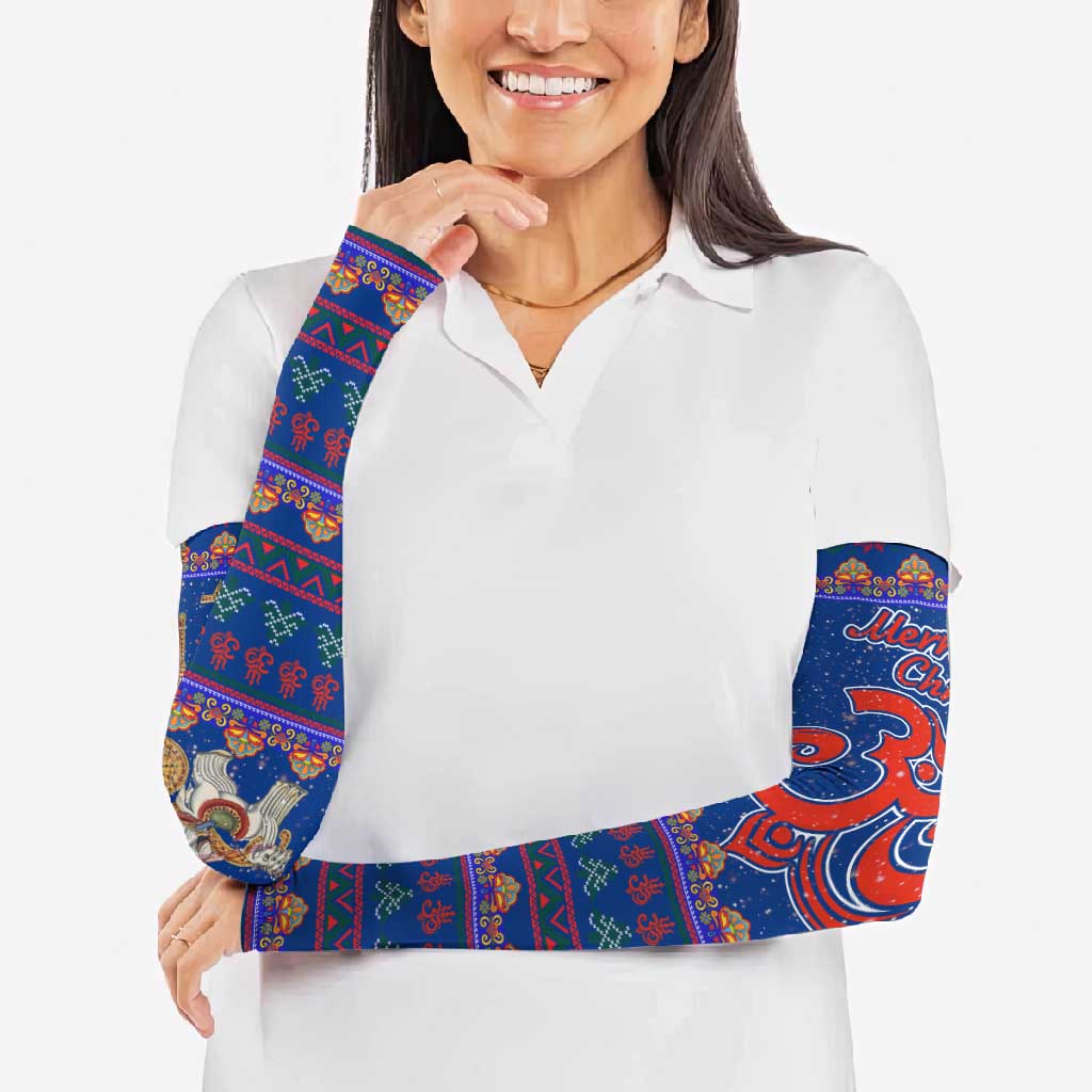 Nepal Christmas Arm Sleeves with Blue-Red Pattern, Hindu Chariot Scene, and Om Symbol Motif - Wonder Print Shop