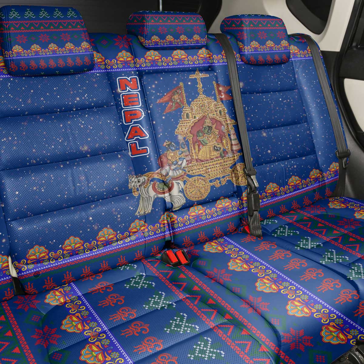 Nepal Christmas Back Car Seat Cover with Blue-Red Pattern, Hindu Chariot Scene, and Om Symbol Motif - Wonder Print Shop