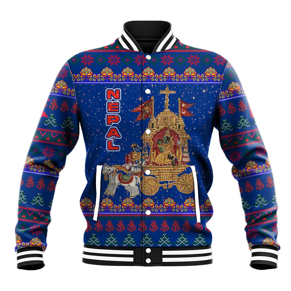 Nepal Christmas Baseball Jacket with Blue-Red Pattern, Hindu Chariot Scene, and Om Symbol Motif - Wonder Print Shop