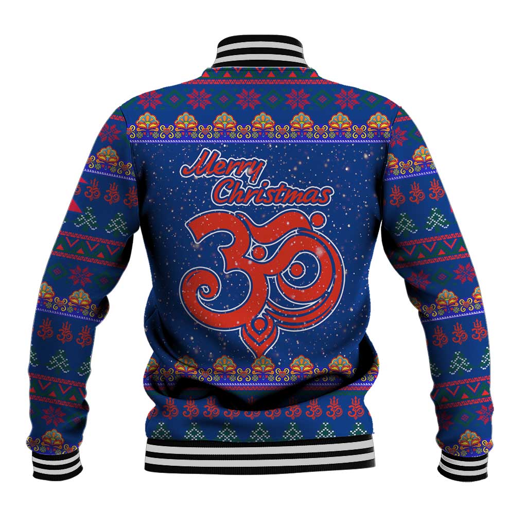Nepal Christmas Baseball Jacket with Blue-Red Pattern, Hindu Chariot Scene, and Om Symbol Motif - Wonder Print Shop