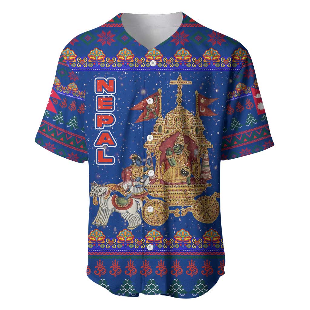Nepal Christmas Baseball Jersey with Blue-Red Pattern, Hindu Chariot Scene, and Om Symbol Motif - Wonder Print Shop