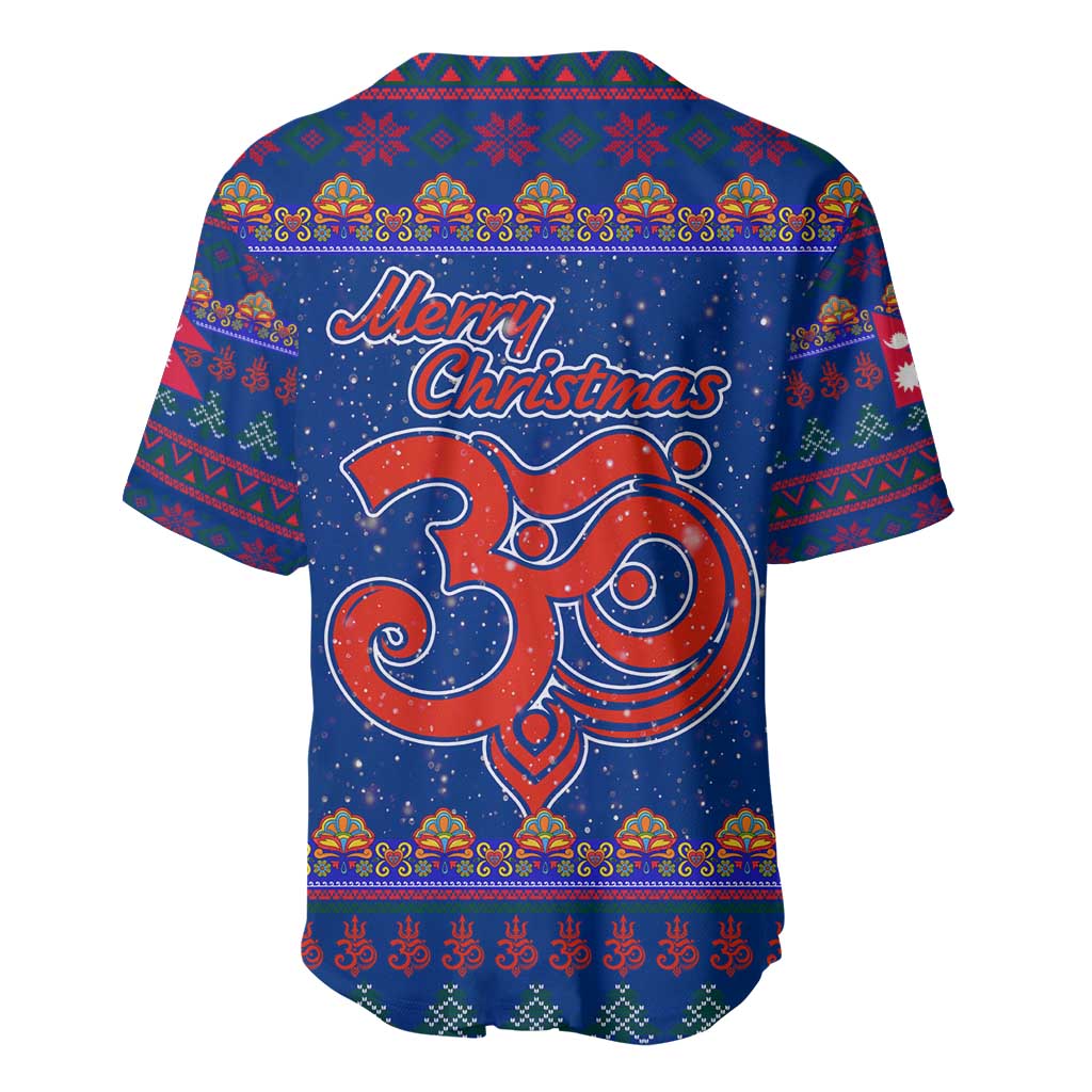 Nepal Christmas Baseball Jersey with Blue-Red Pattern, Hindu Chariot Scene, and Om Symbol Motif - Wonder Print Shop