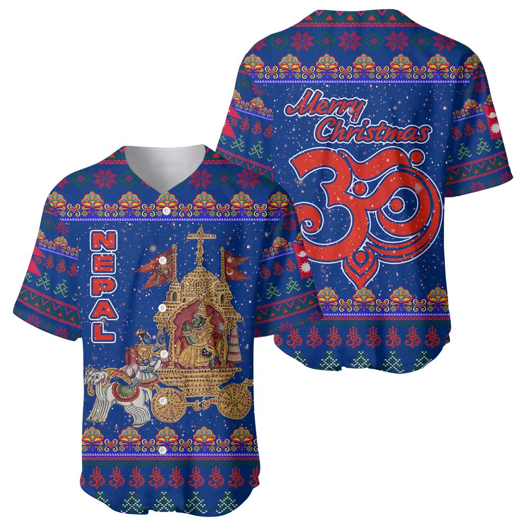 Nepal Christmas Baseball Jersey with Blue-Red Pattern, Hindu Chariot Scene, and Om Symbol Motif - Wonder Print Shop