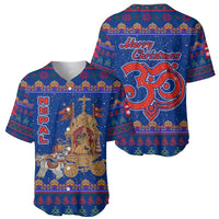 Nepal Christmas Baseball Jersey with Blue-Red Pattern, Hindu Chariot Scene, and Om Symbol Motif - Wonder Print Shop