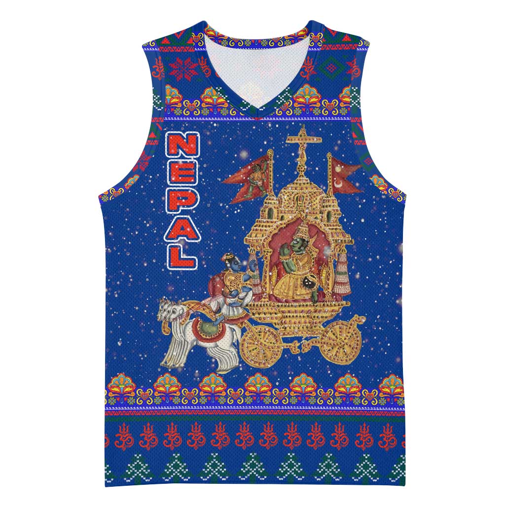 Nepal Christmas Basketball Jersey with Blue-Red Pattern, Hindu Chariot Scene, and Om Symbol Motif - Wonder Print Shop