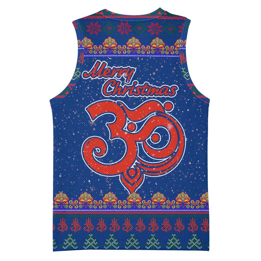 Nepal Christmas Basketball Jersey with Blue-Red Pattern, Hindu Chariot Scene, and Om Symbol Motif - Wonder Print Shop