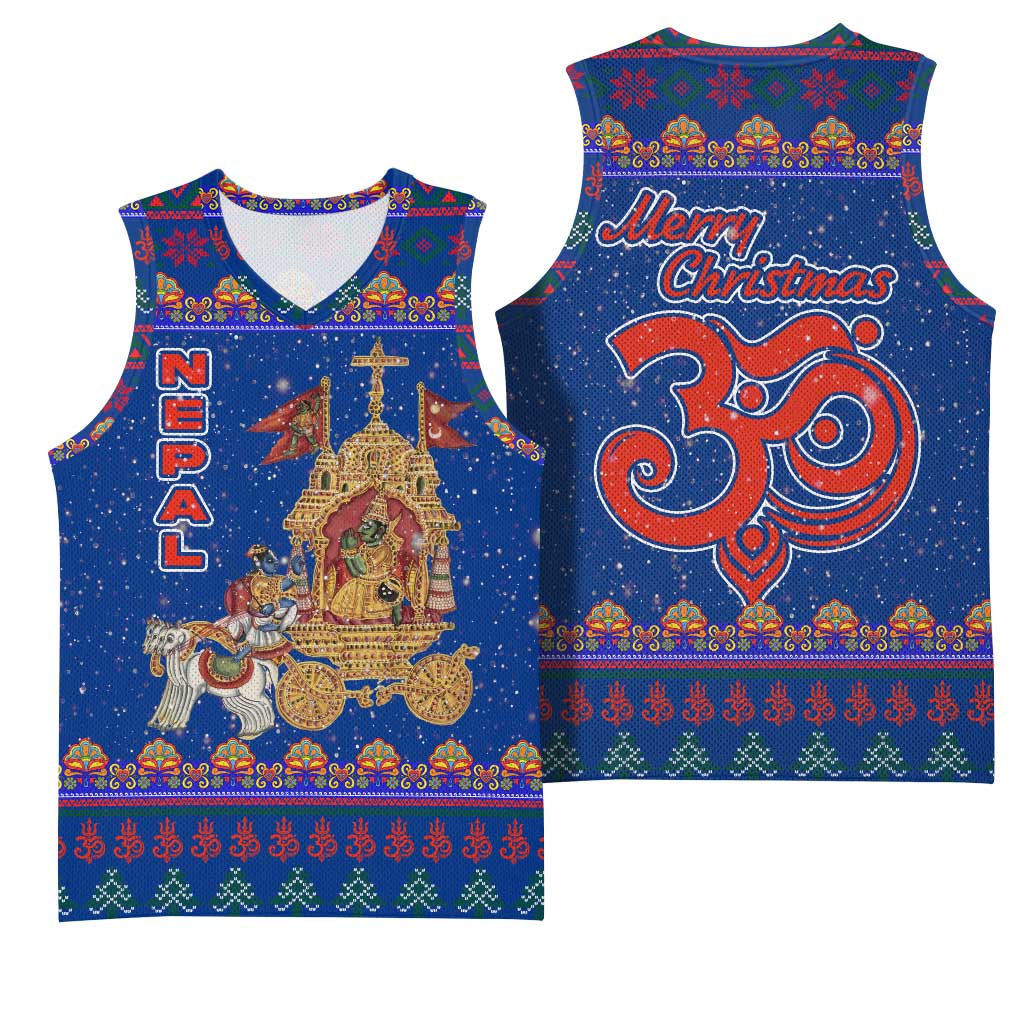 Nepal Christmas Basketball Jersey with Blue-Red Pattern, Hindu Chariot Scene, and Om Symbol Motif - Wonder Print Shop