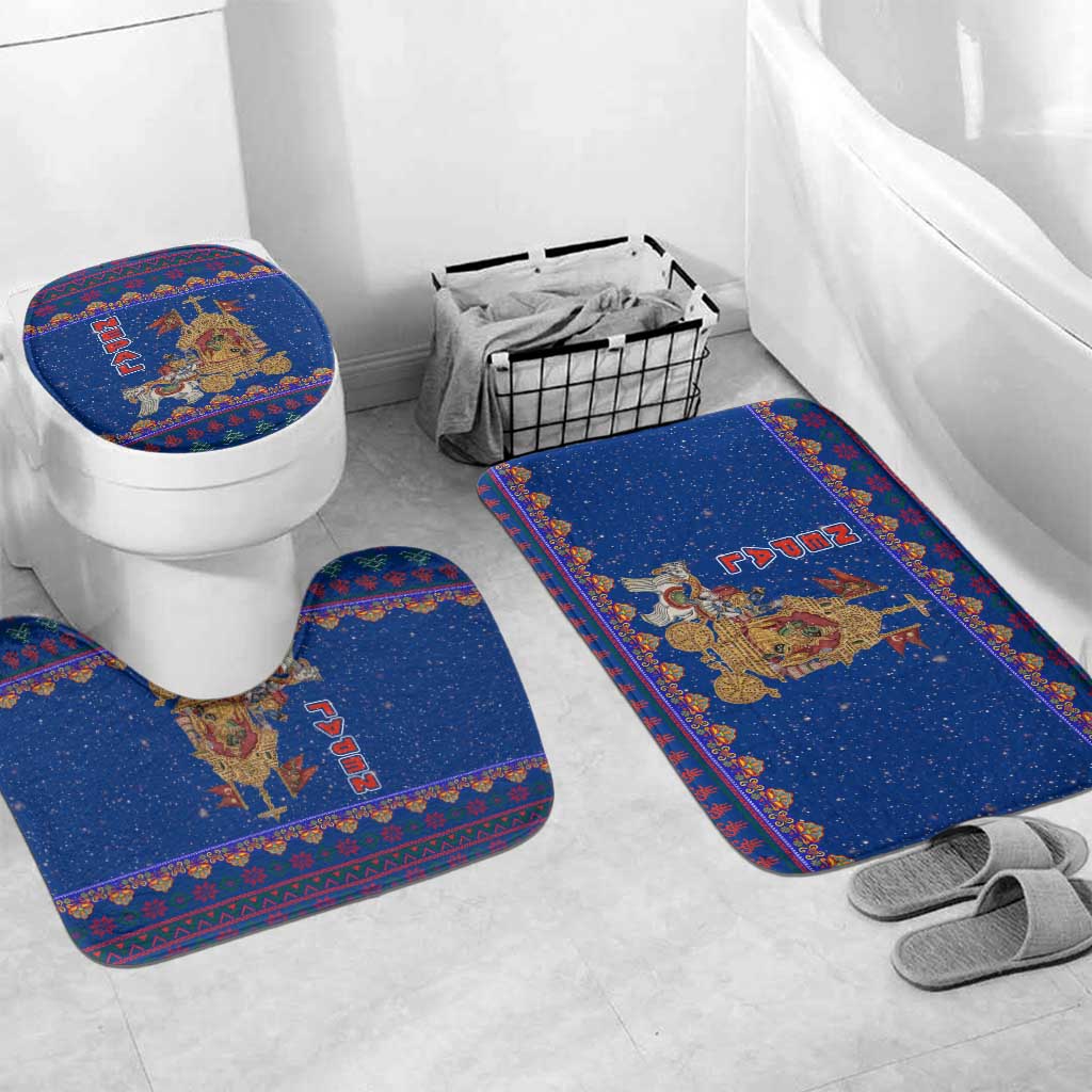 Nepal Christmas Bathroom Set with Blue-Red Pattern, Hindu Chariot Scene, and Om Symbol Motif - Wonder Print Shop