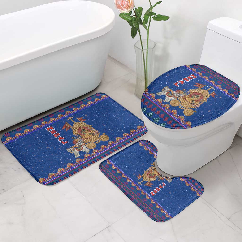 Nepal Christmas Bathroom Set with Blue-Red Pattern, Hindu Chariot Scene, and Om Symbol Motif - Wonder Print Shop