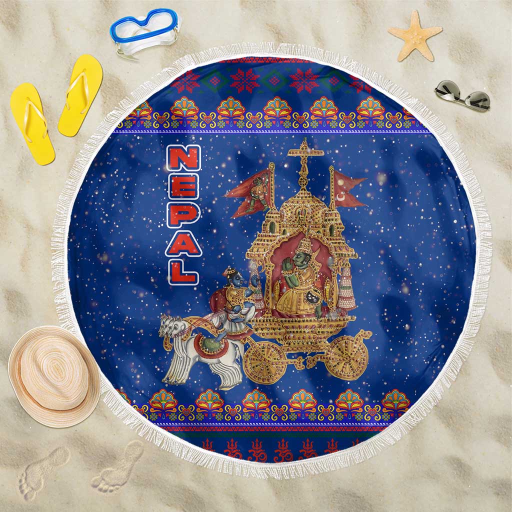 Nepal Christmas Beach Blanket with Blue-Red Pattern, Hindu Chariot Scene, and Om Symbol Motif - Wonder Print Shop
