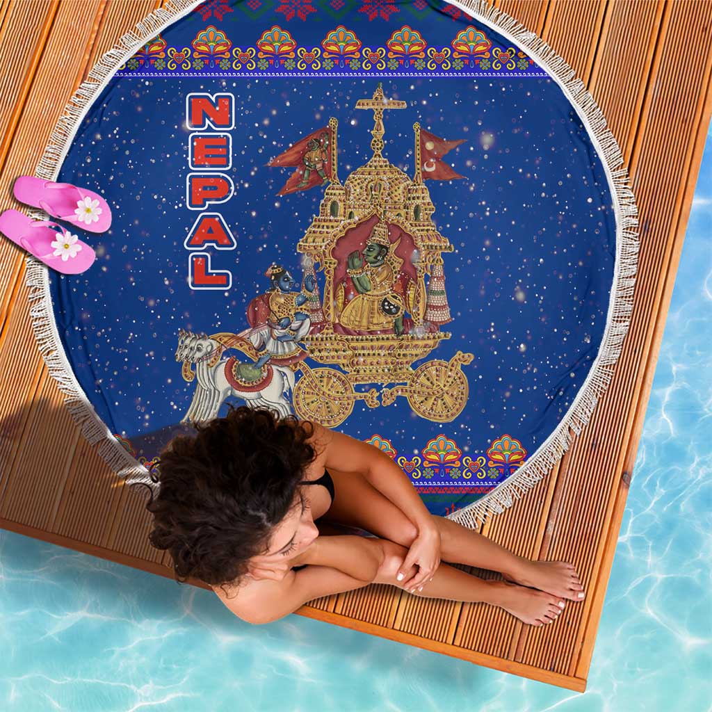 Nepal Christmas Beach Blanket with Blue-Red Pattern, Hindu Chariot Scene, and Om Symbol Motif - Wonder Print Shop
