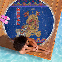 Nepal Christmas Beach Blanket with Blue-Red Pattern, Hindu Chariot Scene, and Om Symbol Motif - Wonder Print Shop