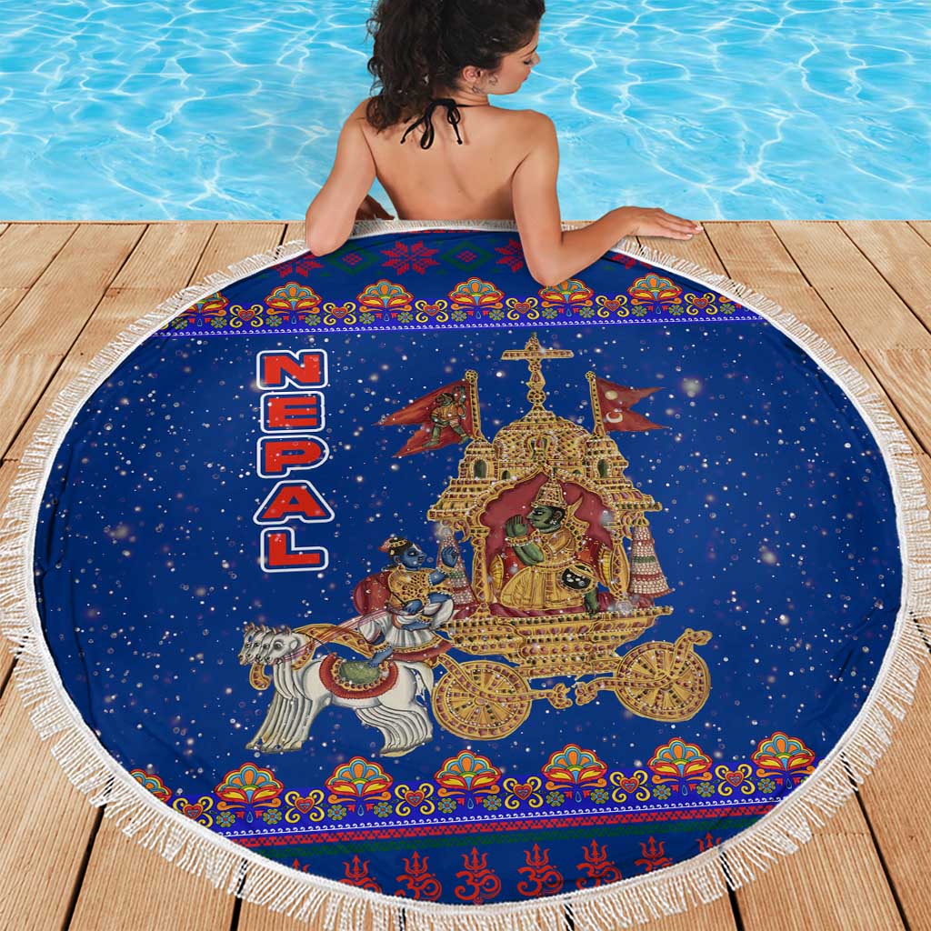 Nepal Christmas Beach Blanket with Blue-Red Pattern, Hindu Chariot Scene, and Om Symbol Motif - Wonder Print Shop