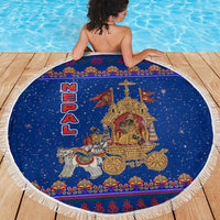 Nepal Christmas Beach Blanket with Blue-Red Pattern, Hindu Chariot Scene, and Om Symbol Motif - Wonder Print Shop