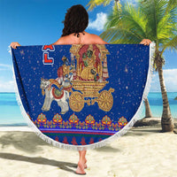 Nepal Christmas Beach Blanket with Blue-Red Pattern, Hindu Chariot Scene, and Om Symbol Motif - Wonder Print Shop