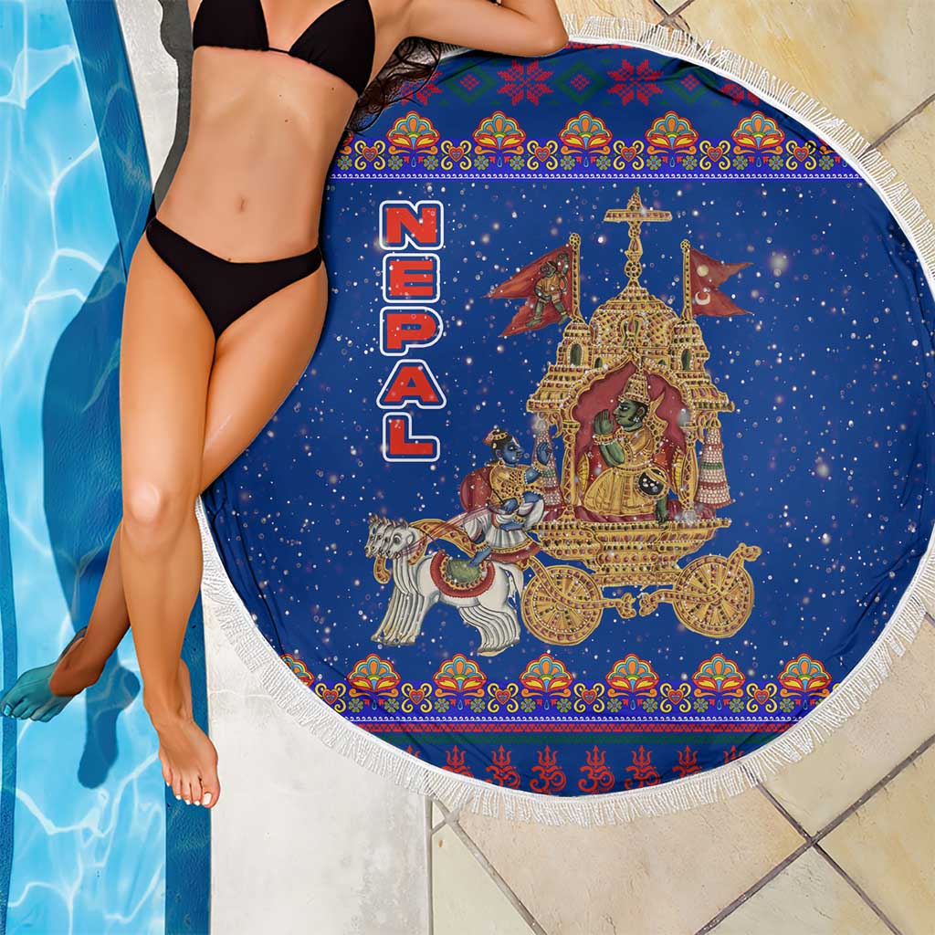 Nepal Christmas Beach Blanket with Blue-Red Pattern, Hindu Chariot Scene, and Om Symbol Motif - Wonder Print Shop