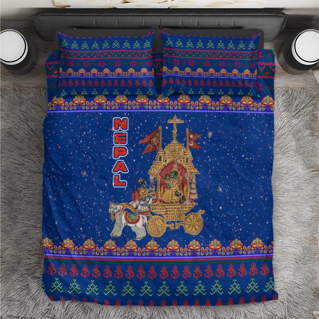 Nepal Christmas Bedding Set with Blue-Red Pattern, Hindu Chariot Scene, and Om Symbol Motif - Wonder Print Shop