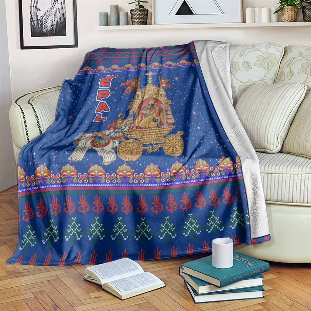 Nepal Christmas Blanket with Blue-Red Pattern, Hindu Chariot Scene, and Om Symbol Motif - Wonder Print Shop