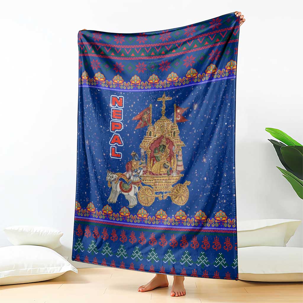 Nepal Christmas Blanket with Blue-Red Pattern, Hindu Chariot Scene, and Om Symbol Motif - Wonder Print Shop