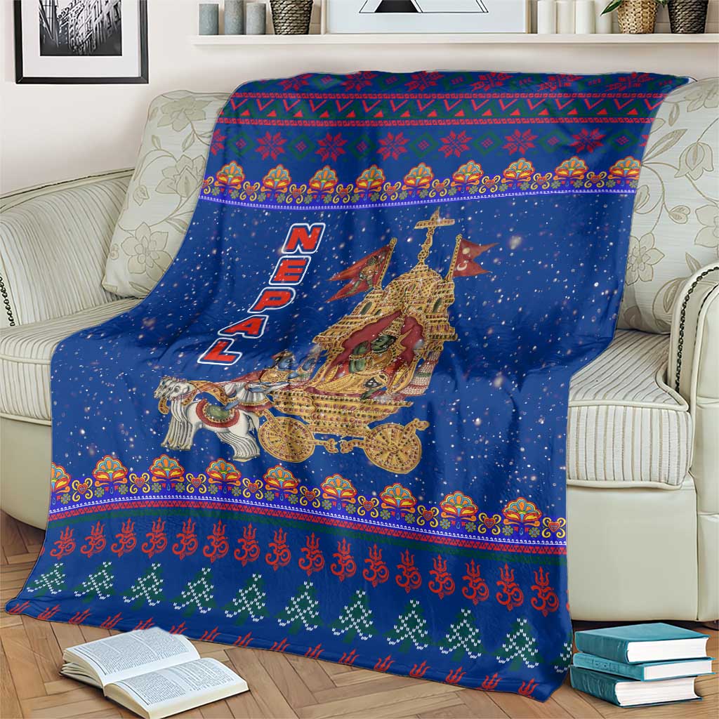 Nepal Christmas Blanket with Blue-Red Pattern, Hindu Chariot Scene, and Om Symbol Motif - Wonder Print Shop