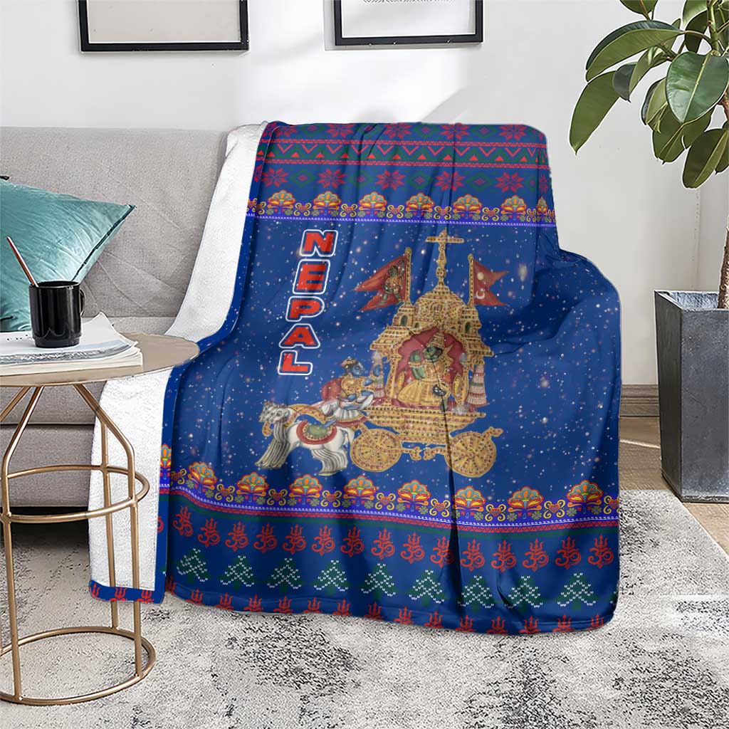 Nepal Christmas Blanket with Blue-Red Pattern, Hindu Chariot Scene, and Om Symbol Motif - Wonder Print Shop