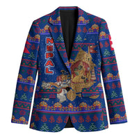 Nepal Christmas Blazer with Blue-Red Pattern, Hindu Chariot Scene, and Om Symbol Motif - Wonder Print Shop