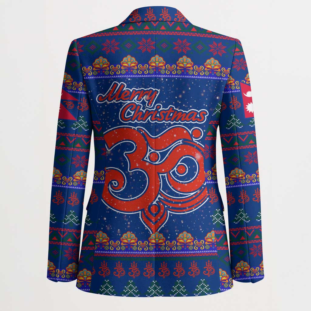 Nepal Christmas Blazer with Blue-Red Pattern, Hindu Chariot Scene, and Om Symbol Motif - Wonder Print Shop