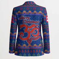 Nepal Christmas Blazer with Blue-Red Pattern, Hindu Chariot Scene, and Om Symbol Motif - Wonder Print Shop
